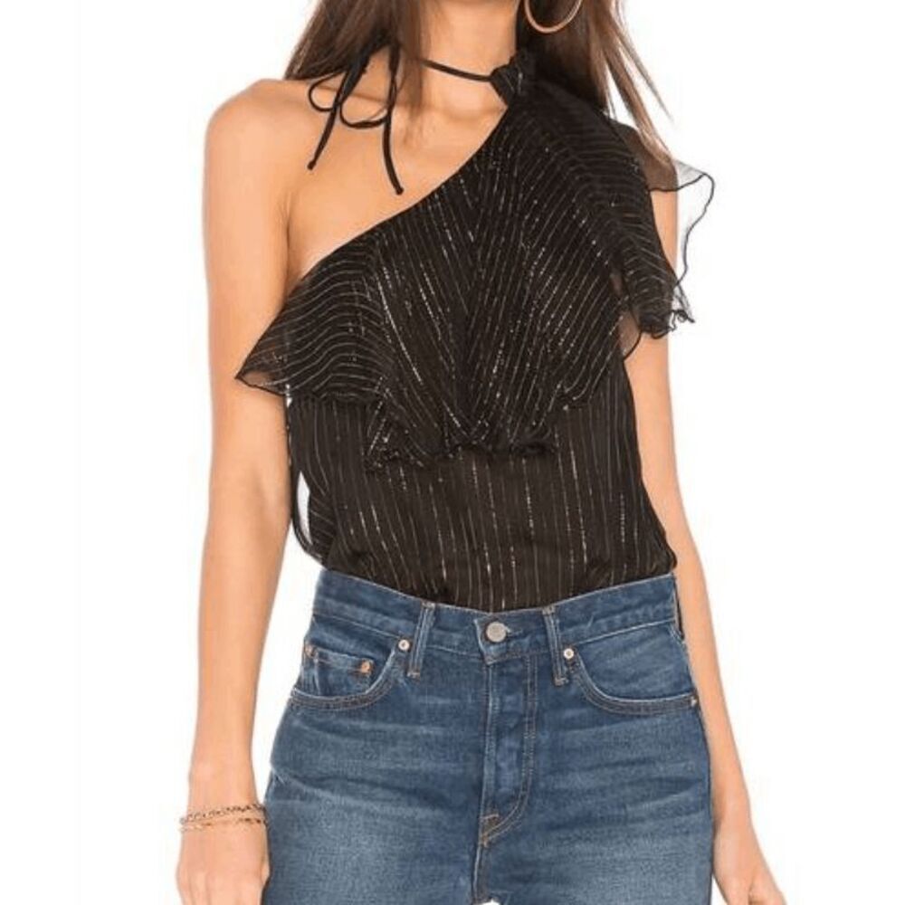 Karina Grimaldi Victoria Silk One Shoulder Blouse Black Gold Metallic Size Large